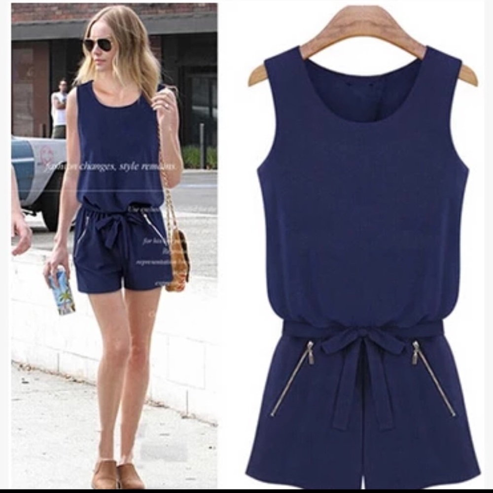 One piece stylish navy blue romper with belt